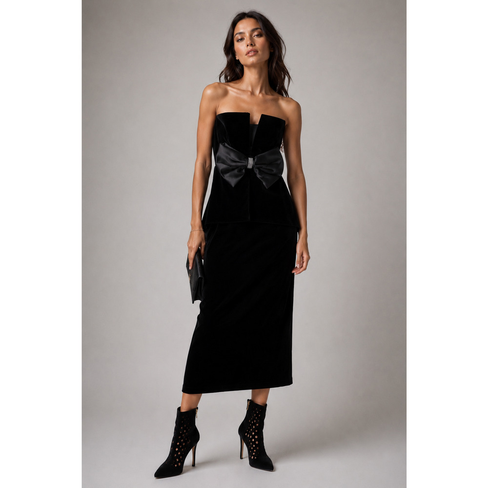 Vintage 80's Velvet BOW Peplum Strapless Party Dress 6 Crystal Cocktail Black